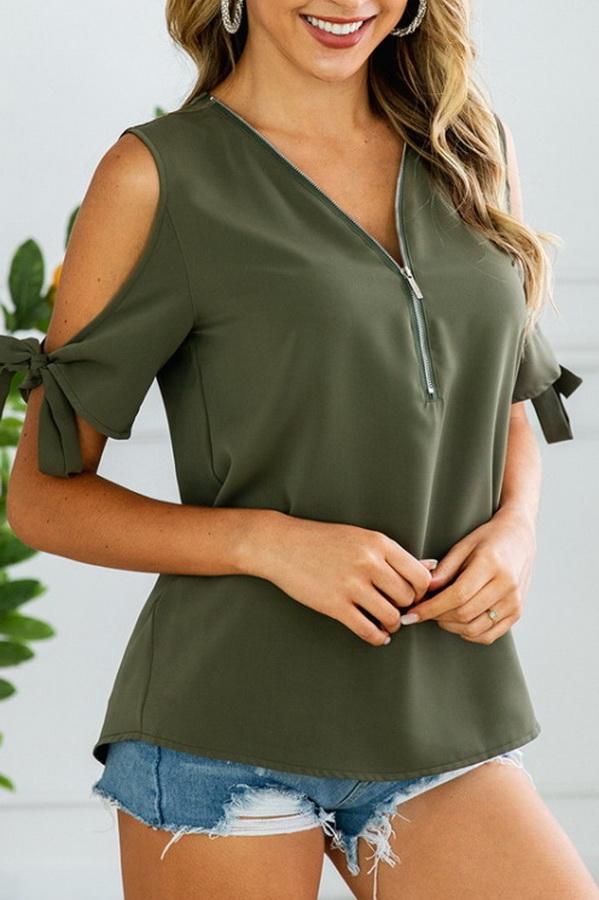 Damen Freizeit Spitze Reißverschluss V-Kragen Bluse